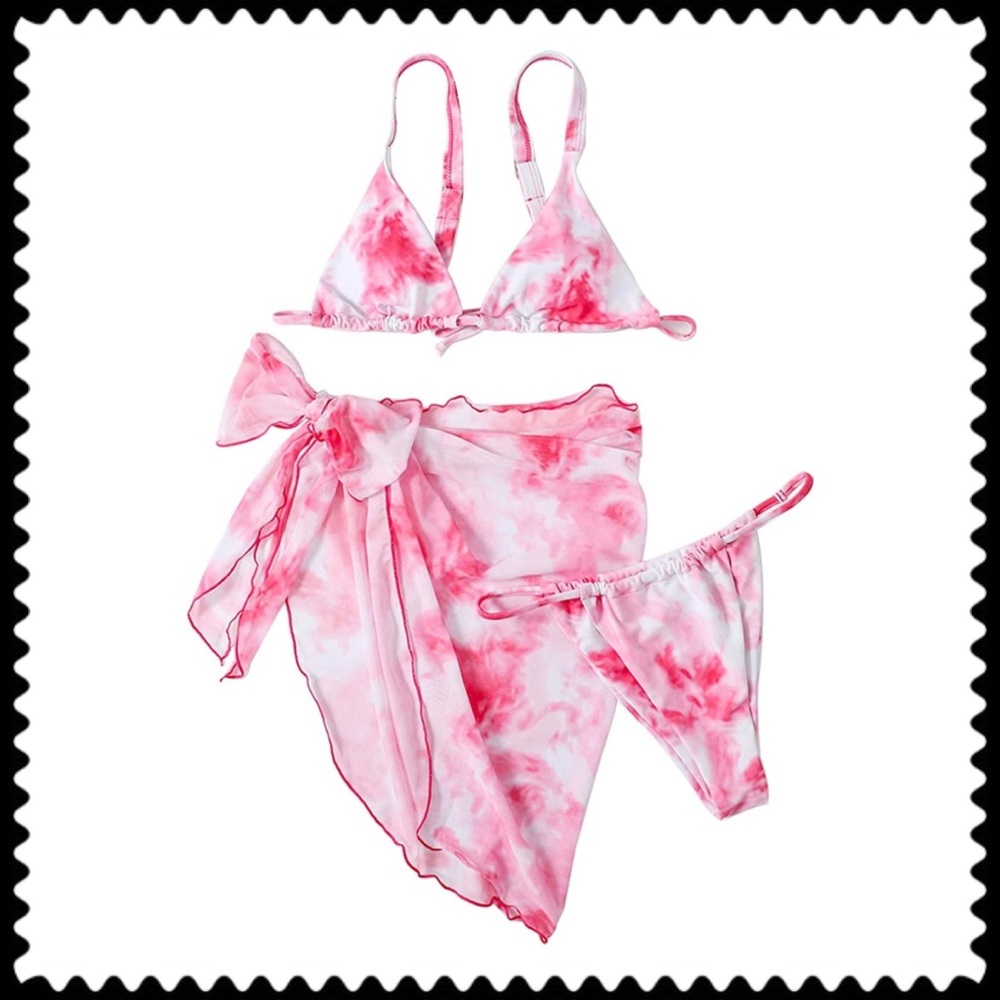 3 Piece Pink Tye Dye Bathing Suit Bikini & Sarong Cover Up Set NWT Choose Size